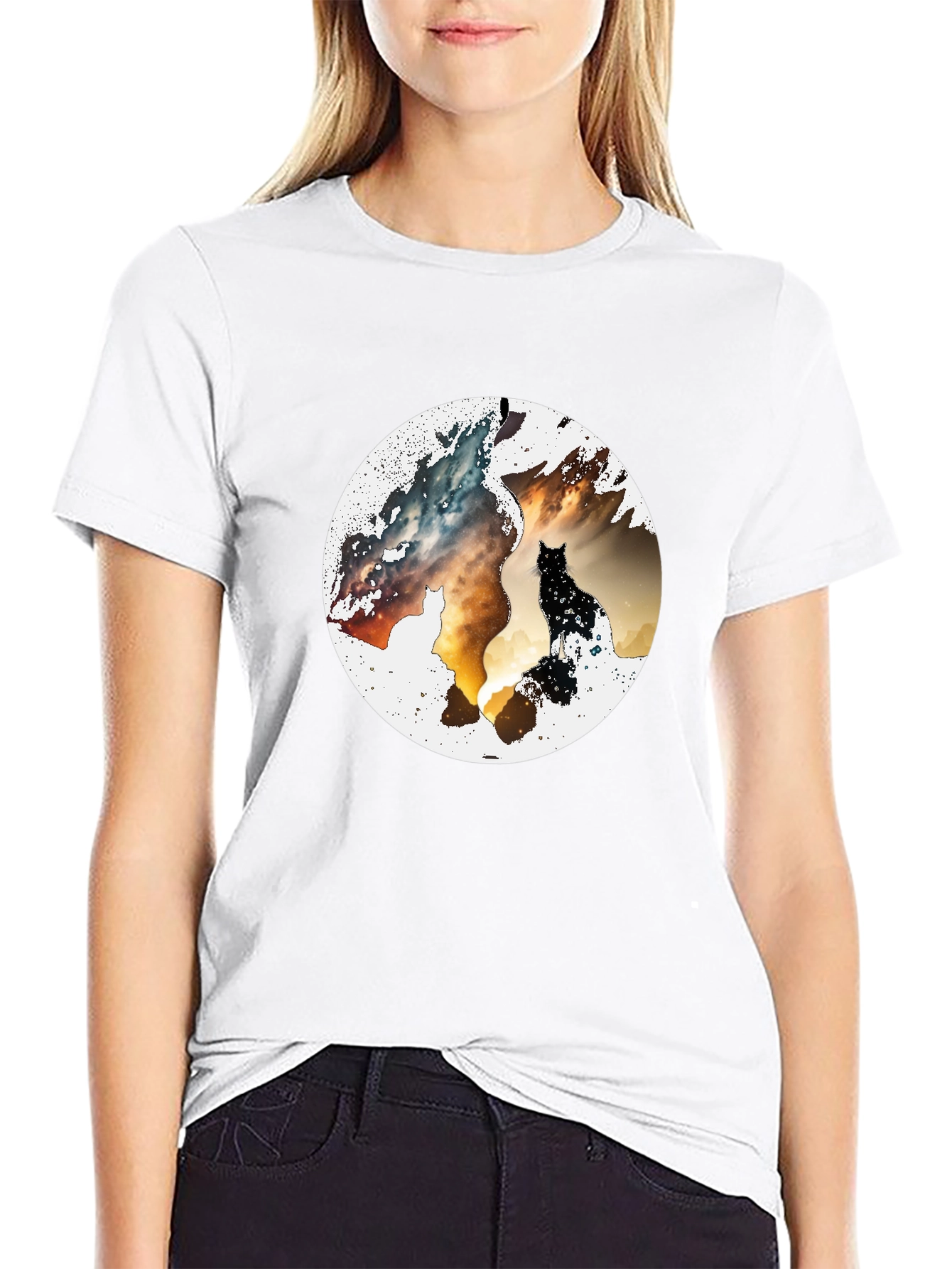 Abstract Cat Graphic Print Black T-Shirt