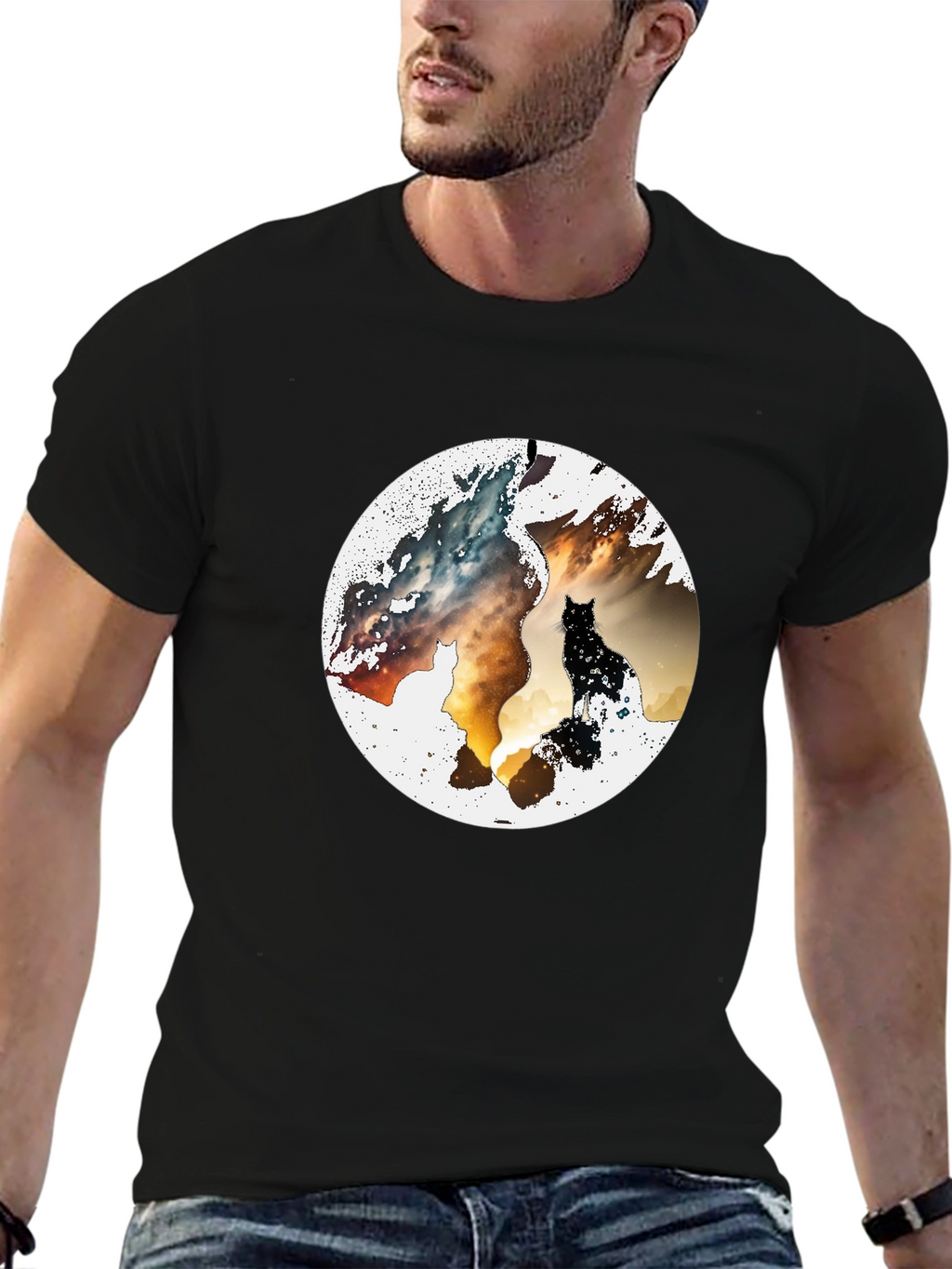 Abstract Cat Graphic Print Black T-Shirt