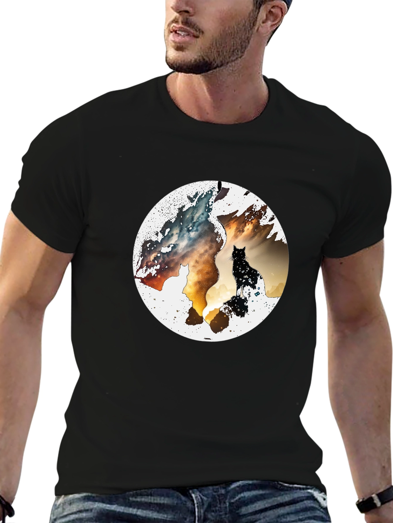 Abstract Cat Graphic Print Black T-Shirt