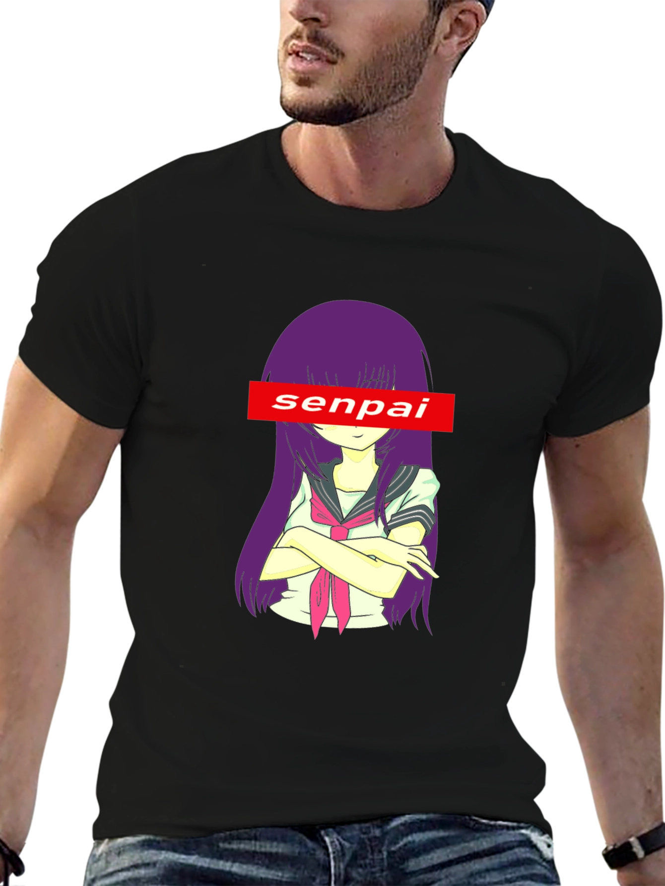 Senpai Anime Graphic Tee - Black Cotton T-Shirt