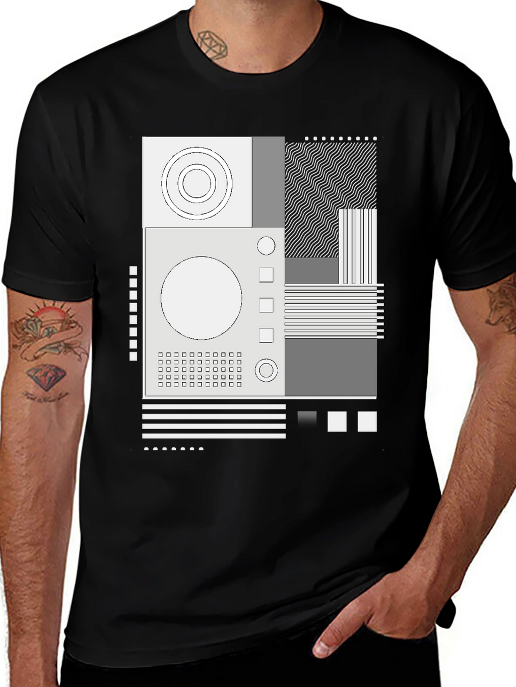 Abstract Graphic Print Crew Neck Tee - Black