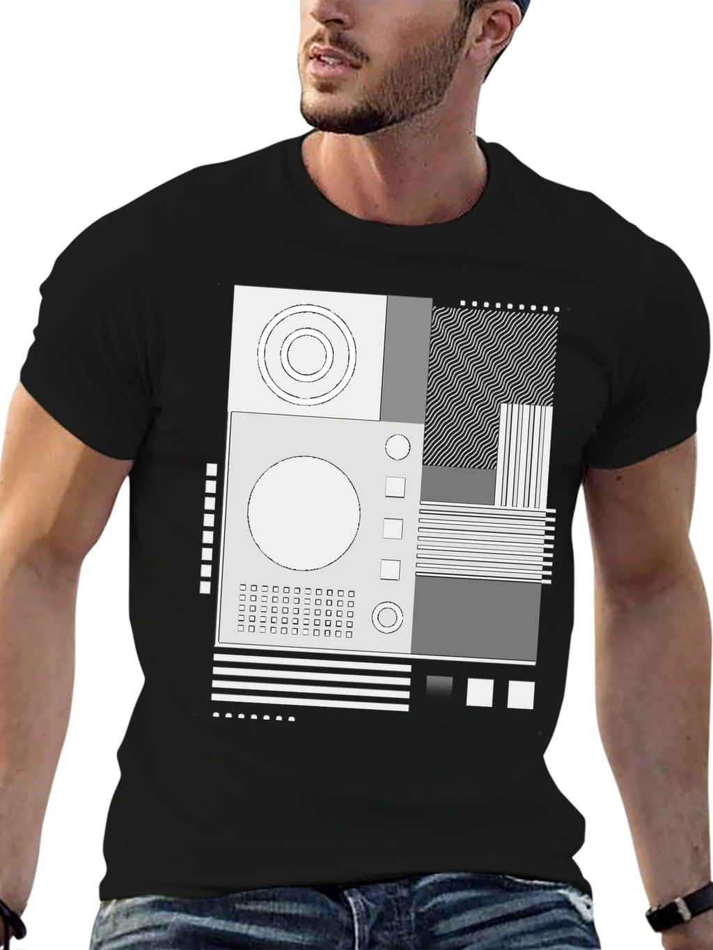 Abstract Graphic Print Crew Neck Tee - Black