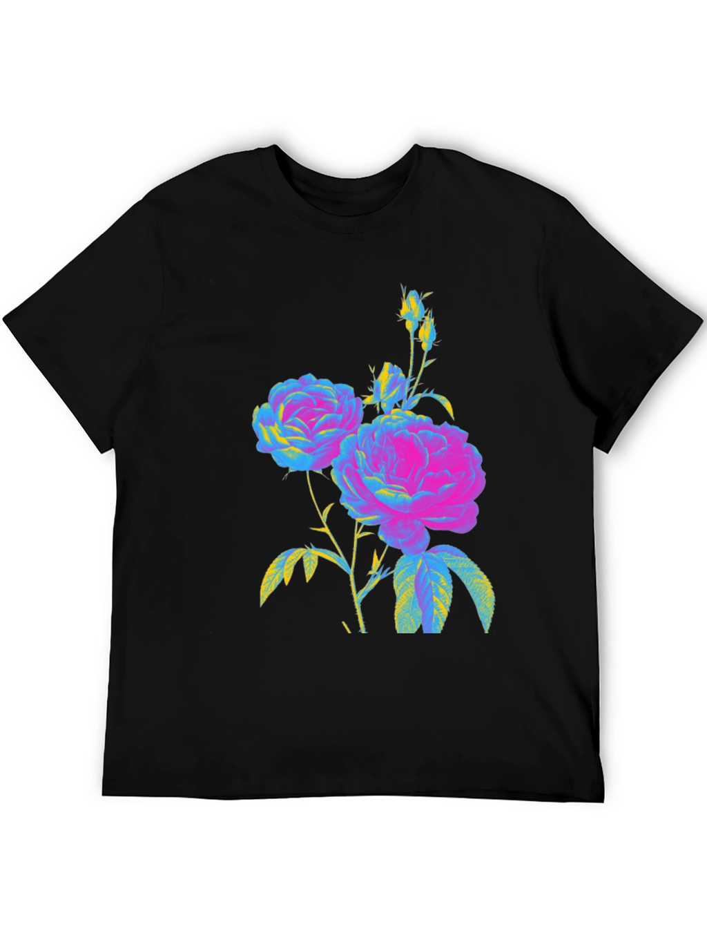 Floral Print T-Shirt - Vivid Roses on Black