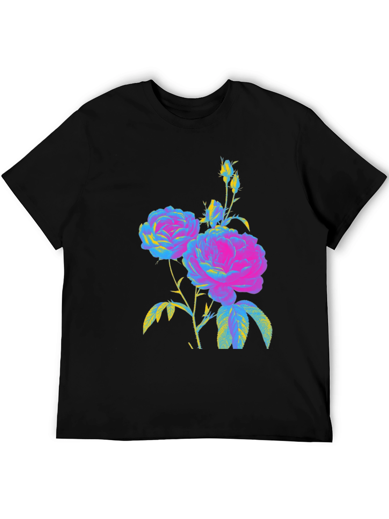 Floral Print T-Shirt - Vivid Roses on Black