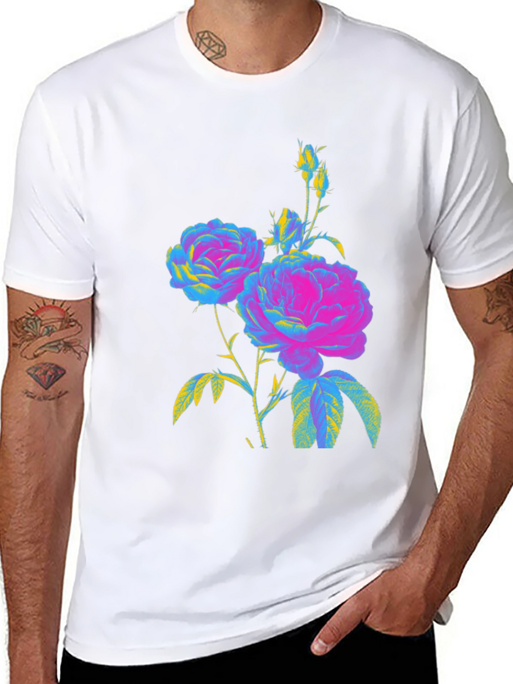 Floral Print T-Shirt - Vivid Roses on Black