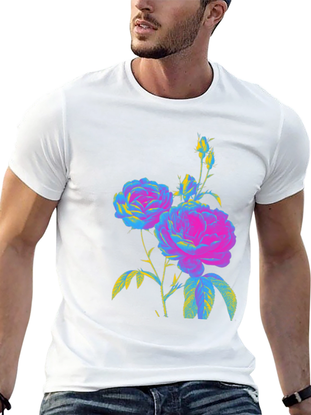 Floral Print T-Shirt - Vivid Roses on Black