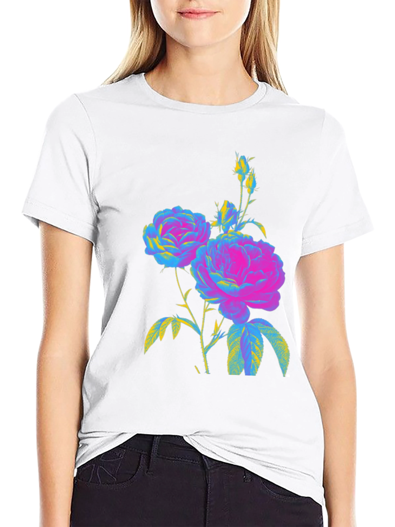 Floral Print T-Shirt - Vivid Roses on Black