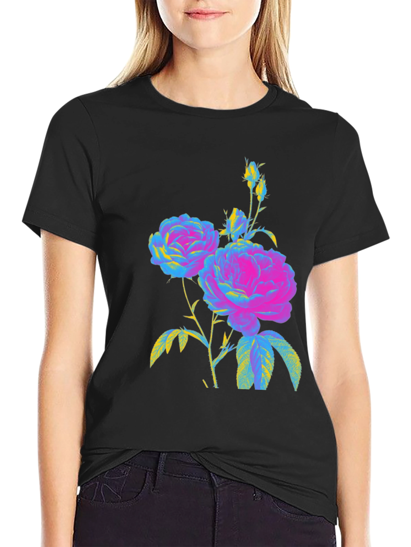 Floral Print T-Shirt - Vivid Roses on Black