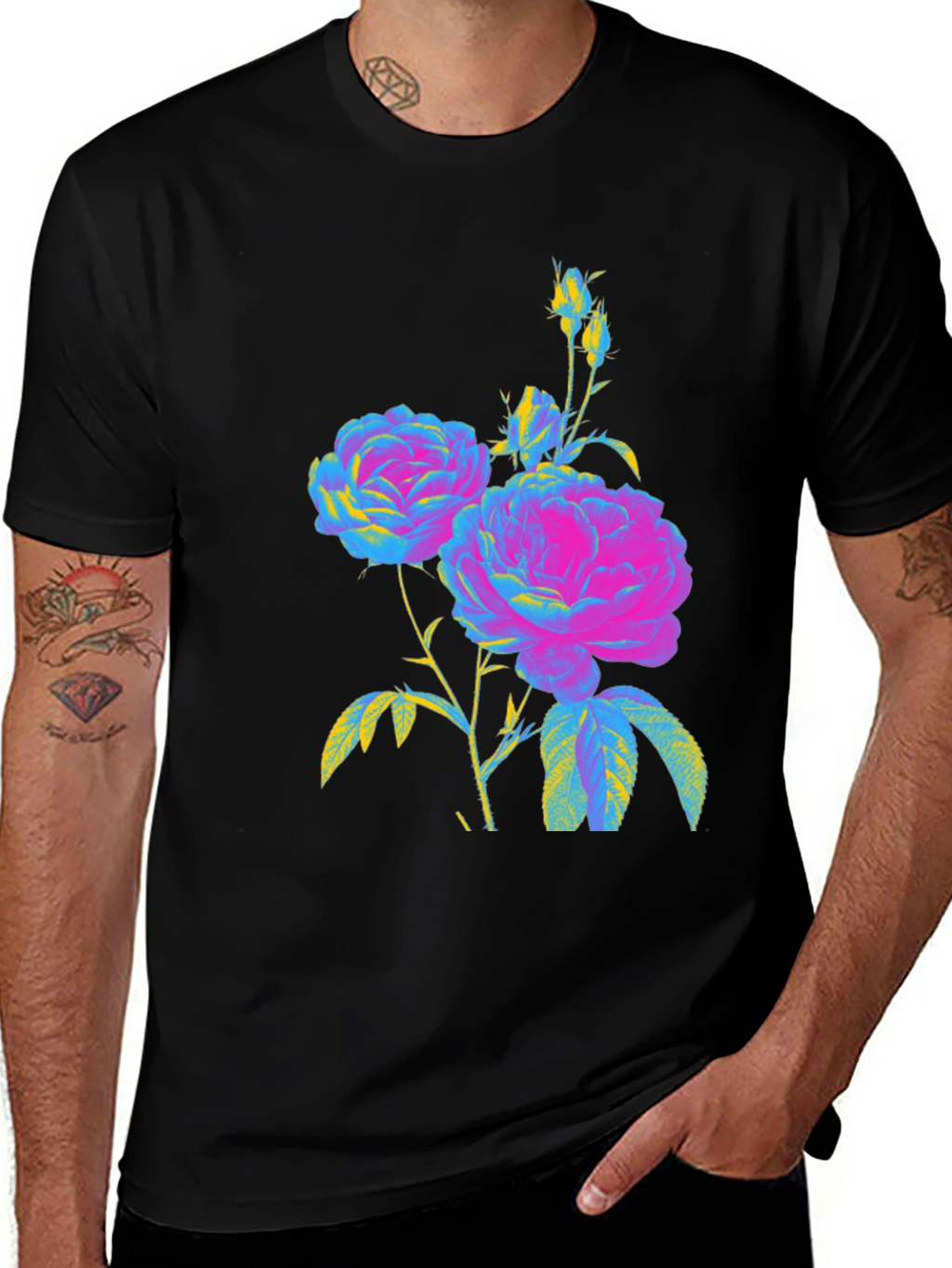 Floral Print T-Shirt - Vivid Roses on Black