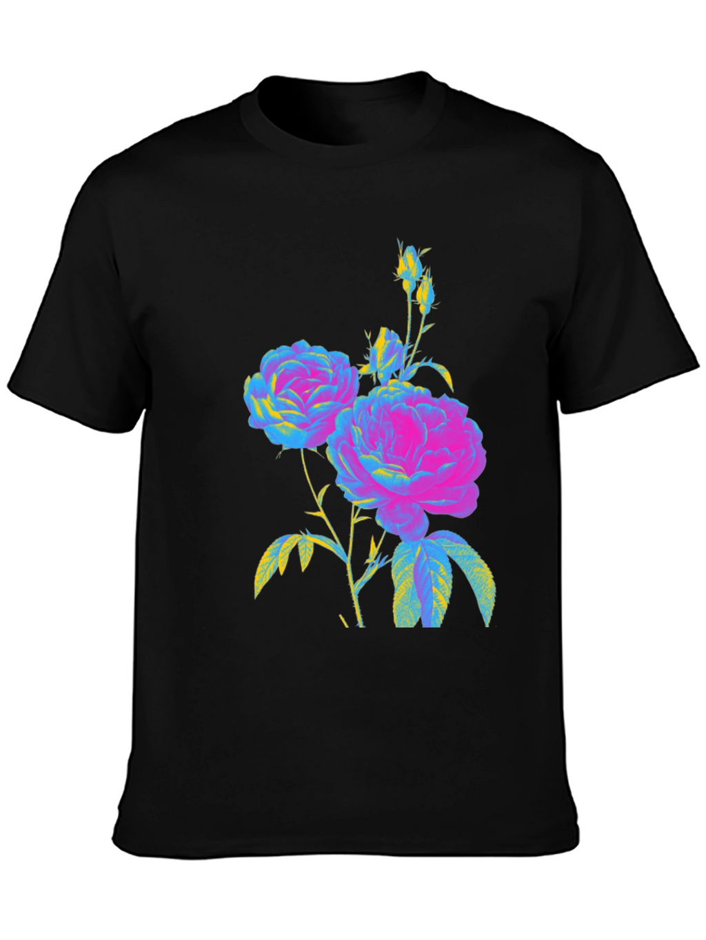 Floral Print T-Shirt - Vivid Roses on Black