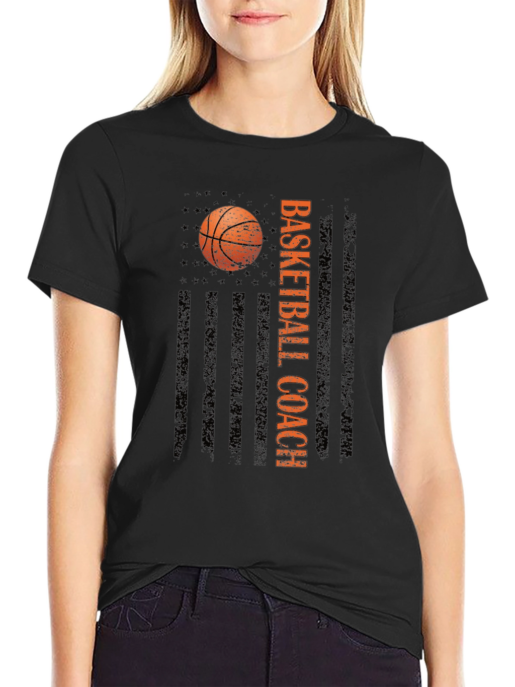 Basketball Coach Tee - Distressed American Flag Design