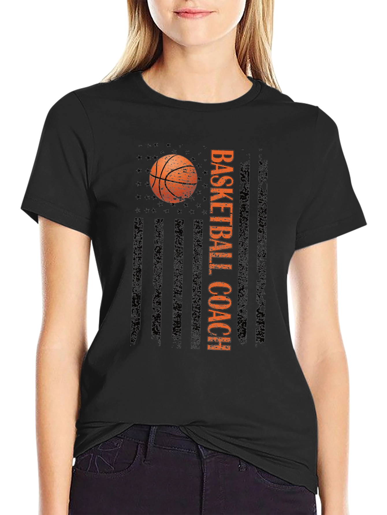 Basketball Coach Tee - Distressed American Flag Design
