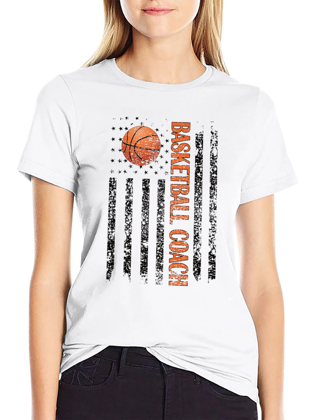 Basketball Coach Tee - Distressed American Flag Design