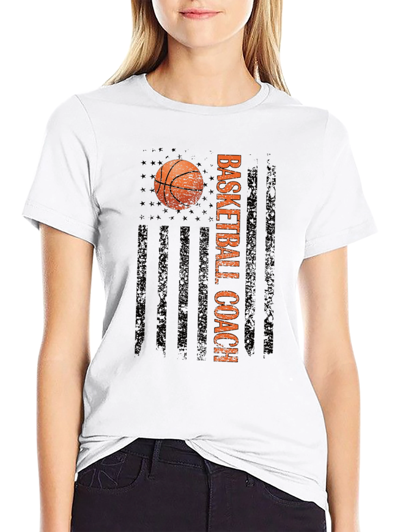 Basketball Coach Tee - Distressed American Flag Design