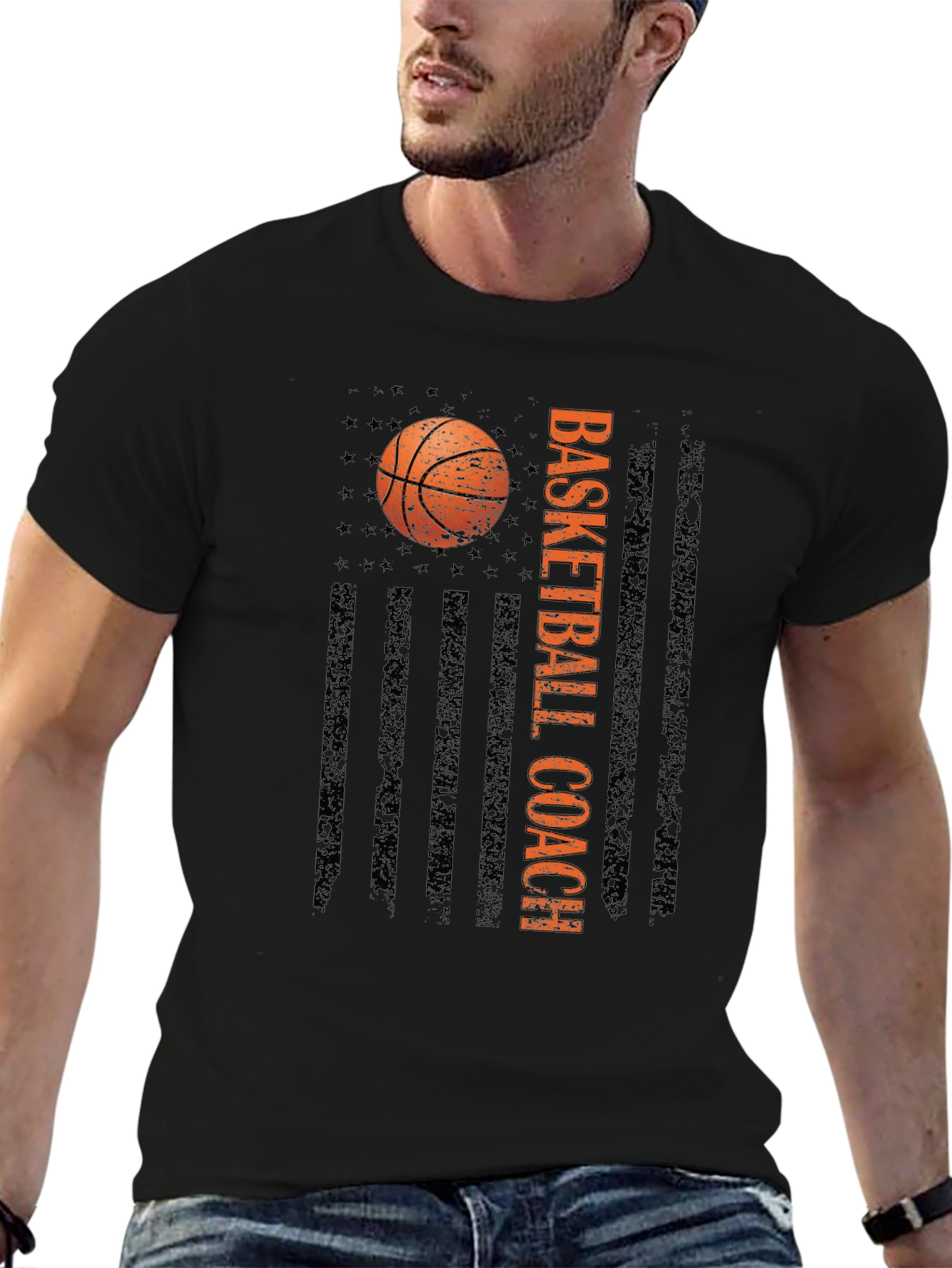 Basketball Coach Tee - Distressed American Flag Design
