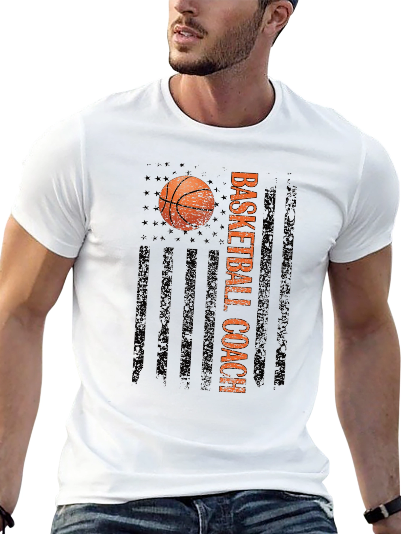 Basketball Coach Tee - Distressed American Flag Design