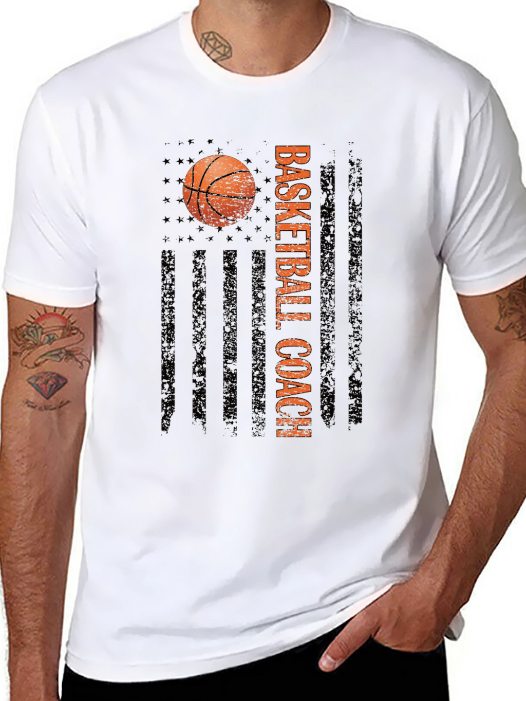 Basketball Coach Tee - Distressed American Flag Design