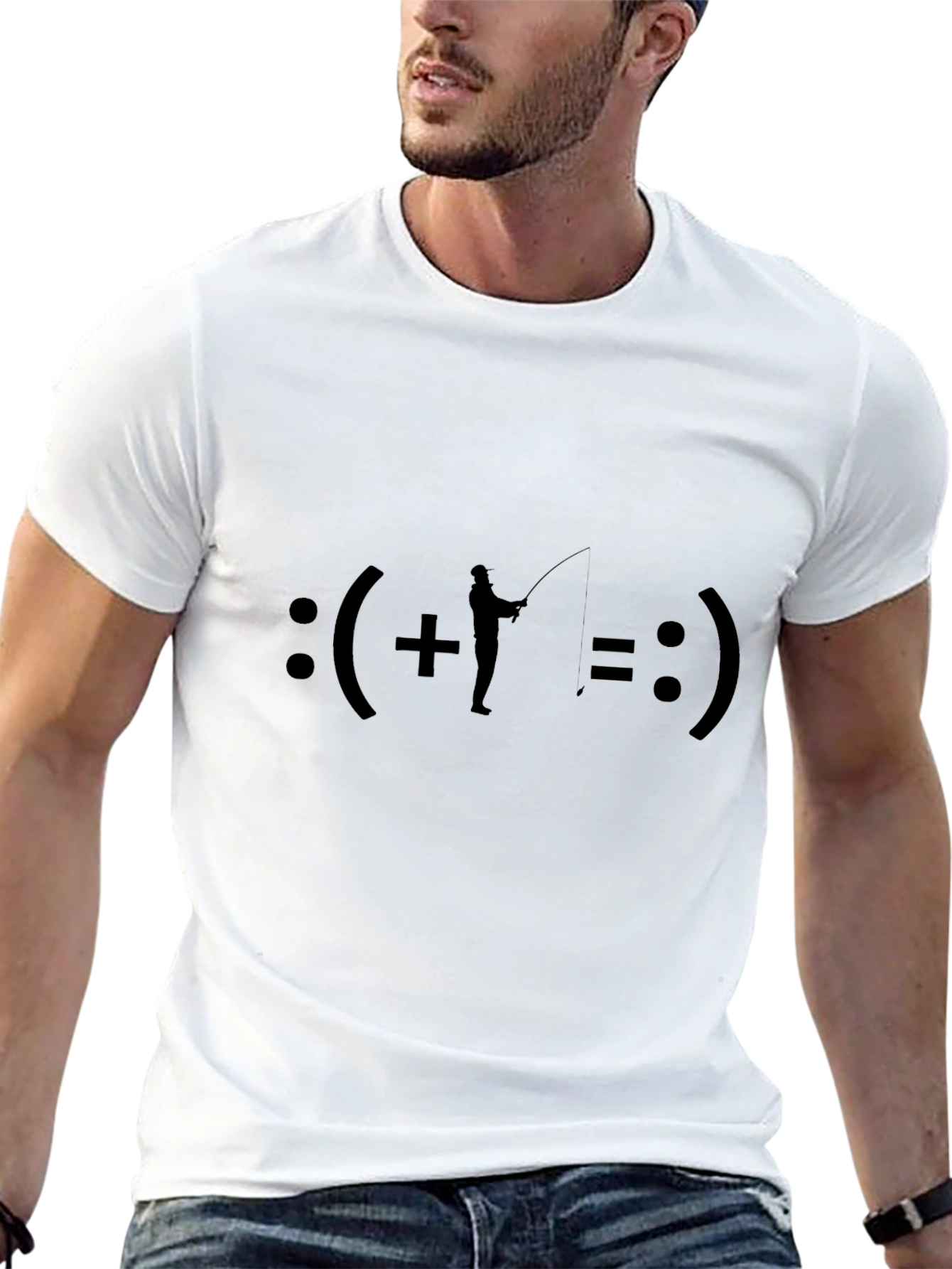 Fishing Equals Happiness T-Shirt - Black Crew Neck Tee