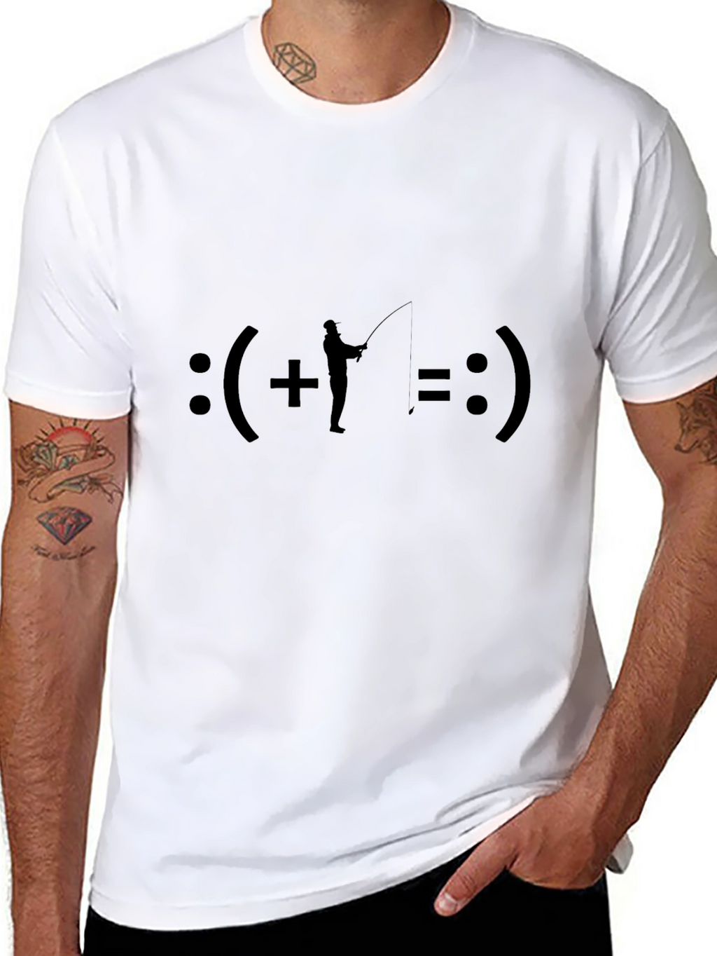 Fishing Equals Happiness T-Shirt - Black Crew Neck Tee