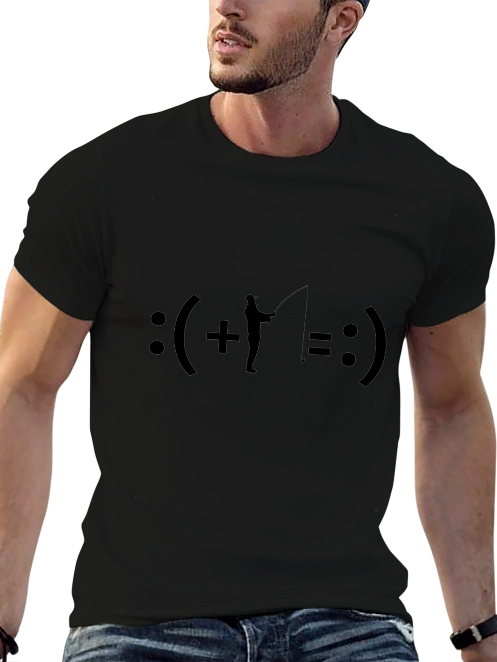 Fishing Equals Happiness T-Shirt - Black Crew Neck Tee