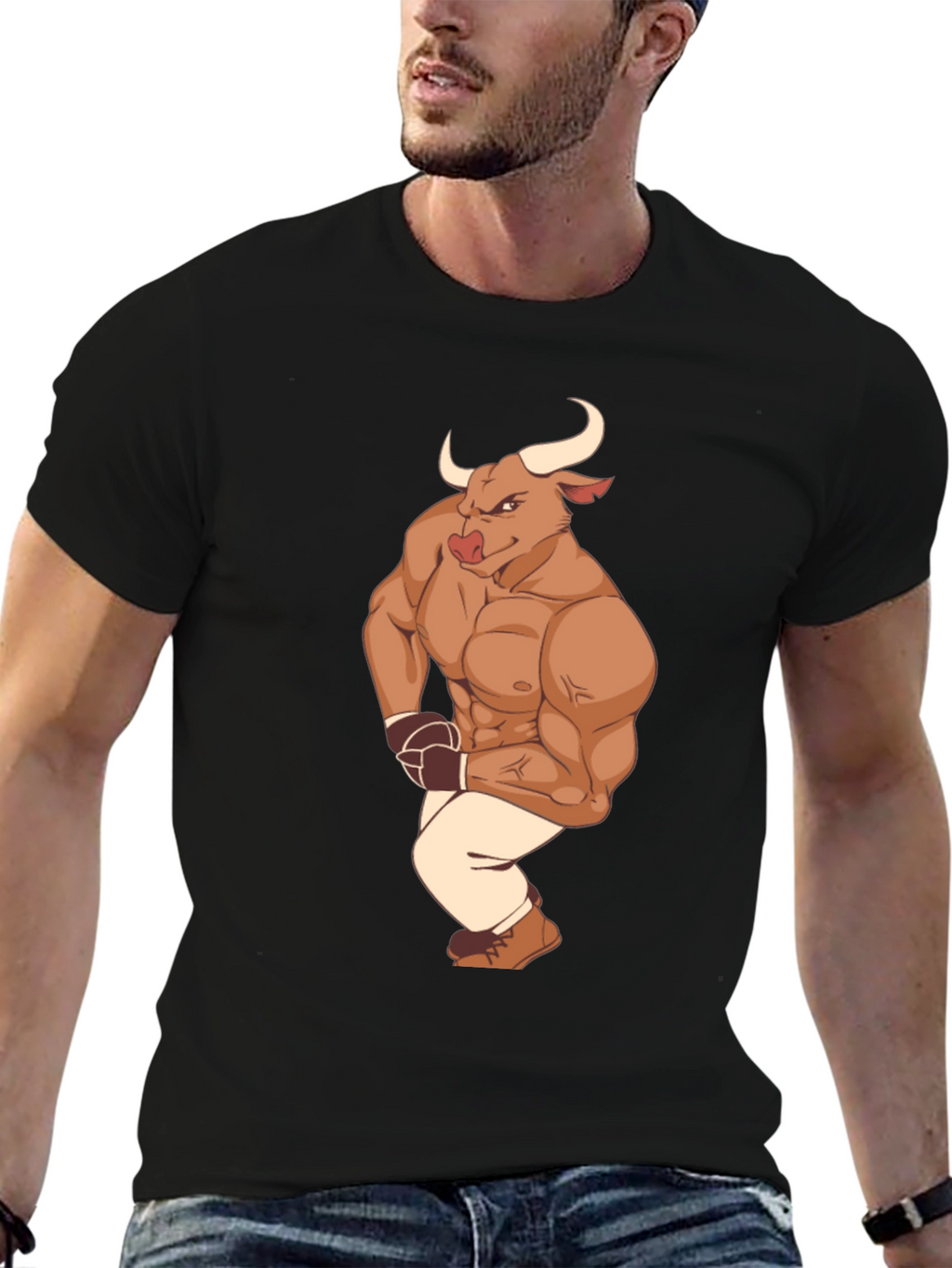Cartoon Bull Boxer Graphic Tee - Black