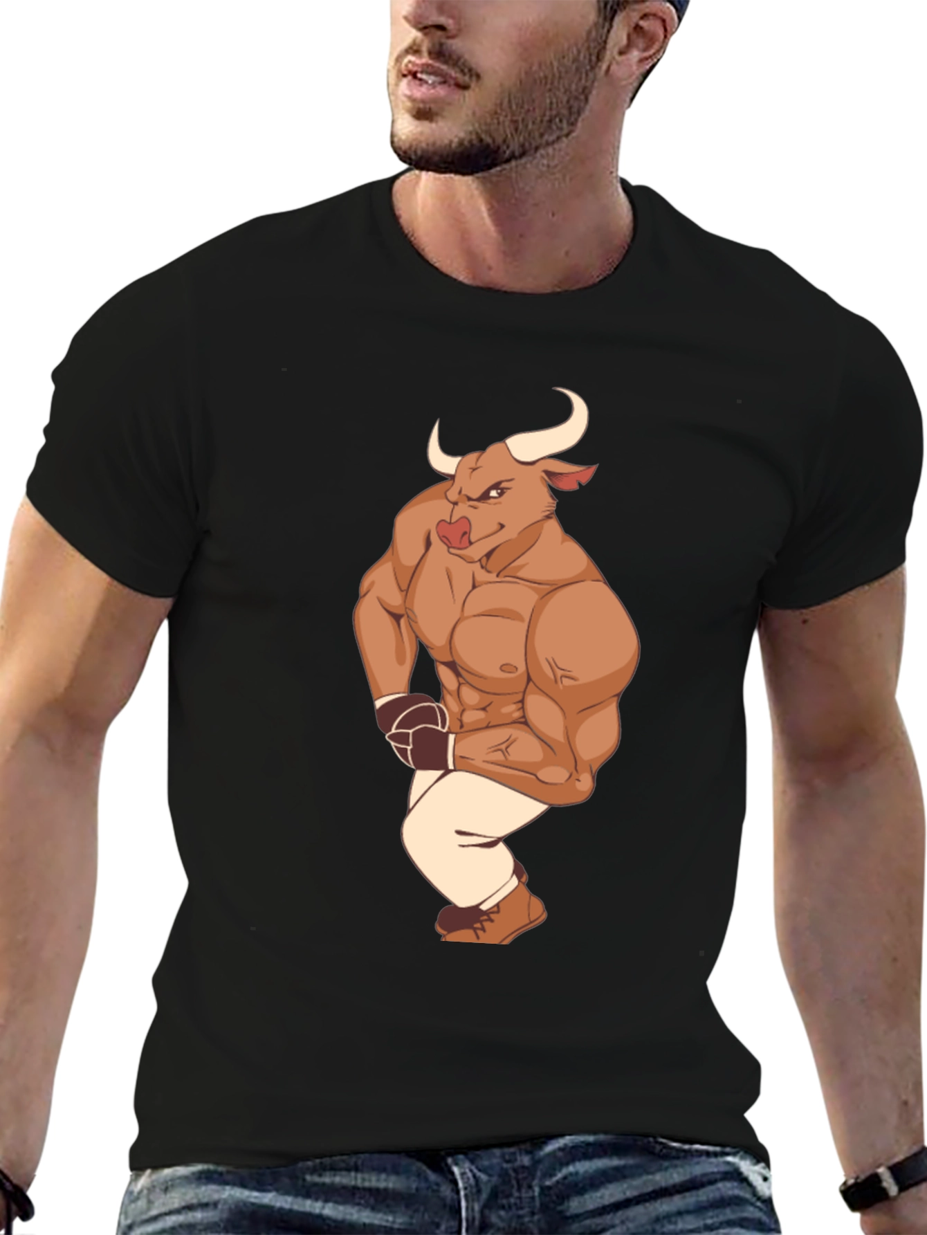 Cartoon Bull Boxer Graphic Tee - Black