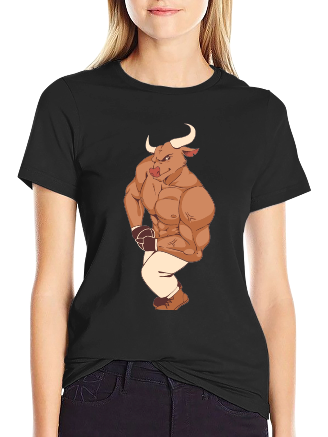 Cartoon Bull Boxer Graphic Tee - Black