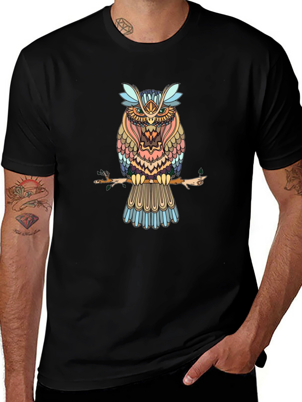 Mens Black Owl Graphic Print T-Shirt