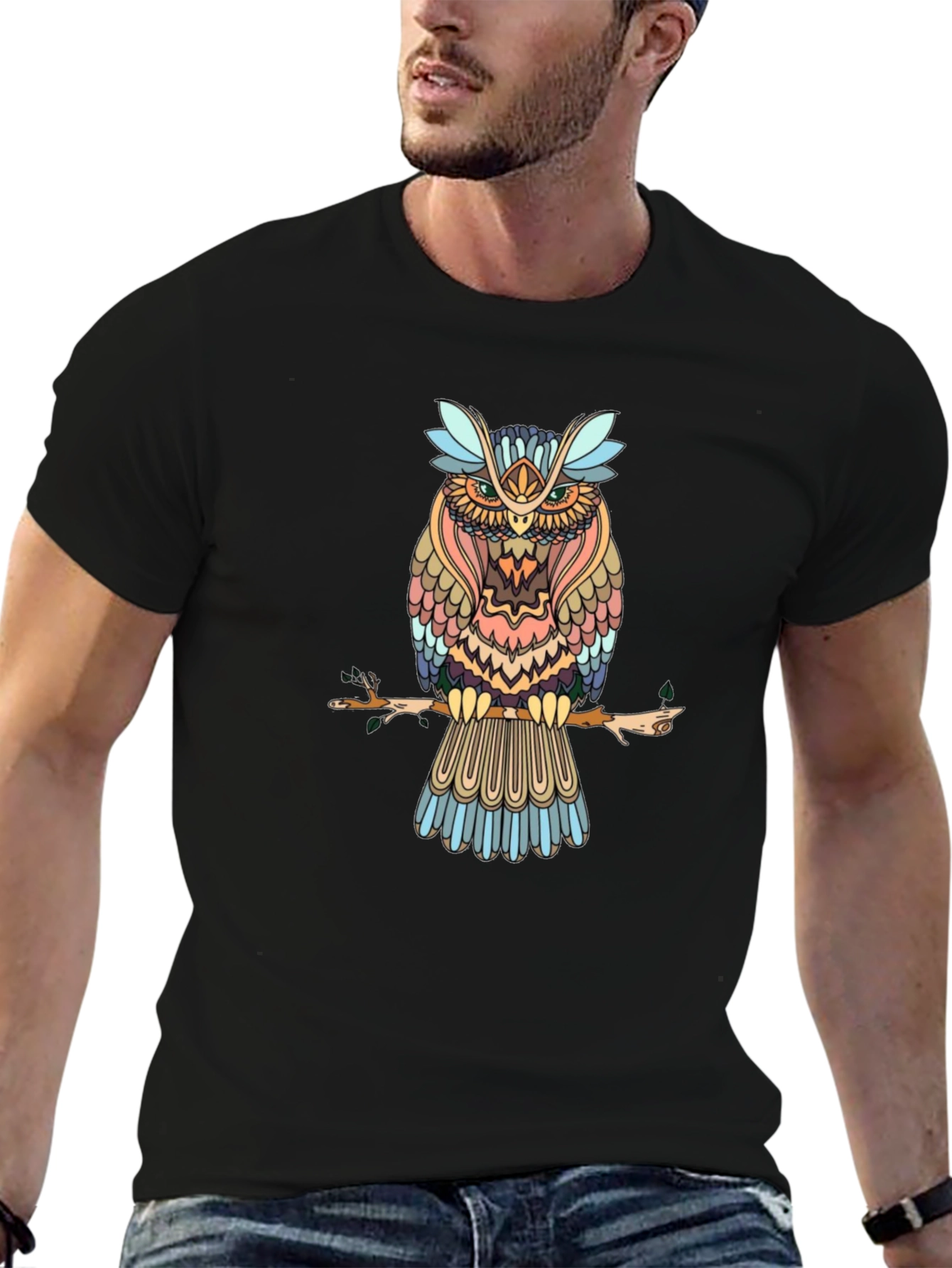 Mens Black Owl Graphic Print T-Shirt