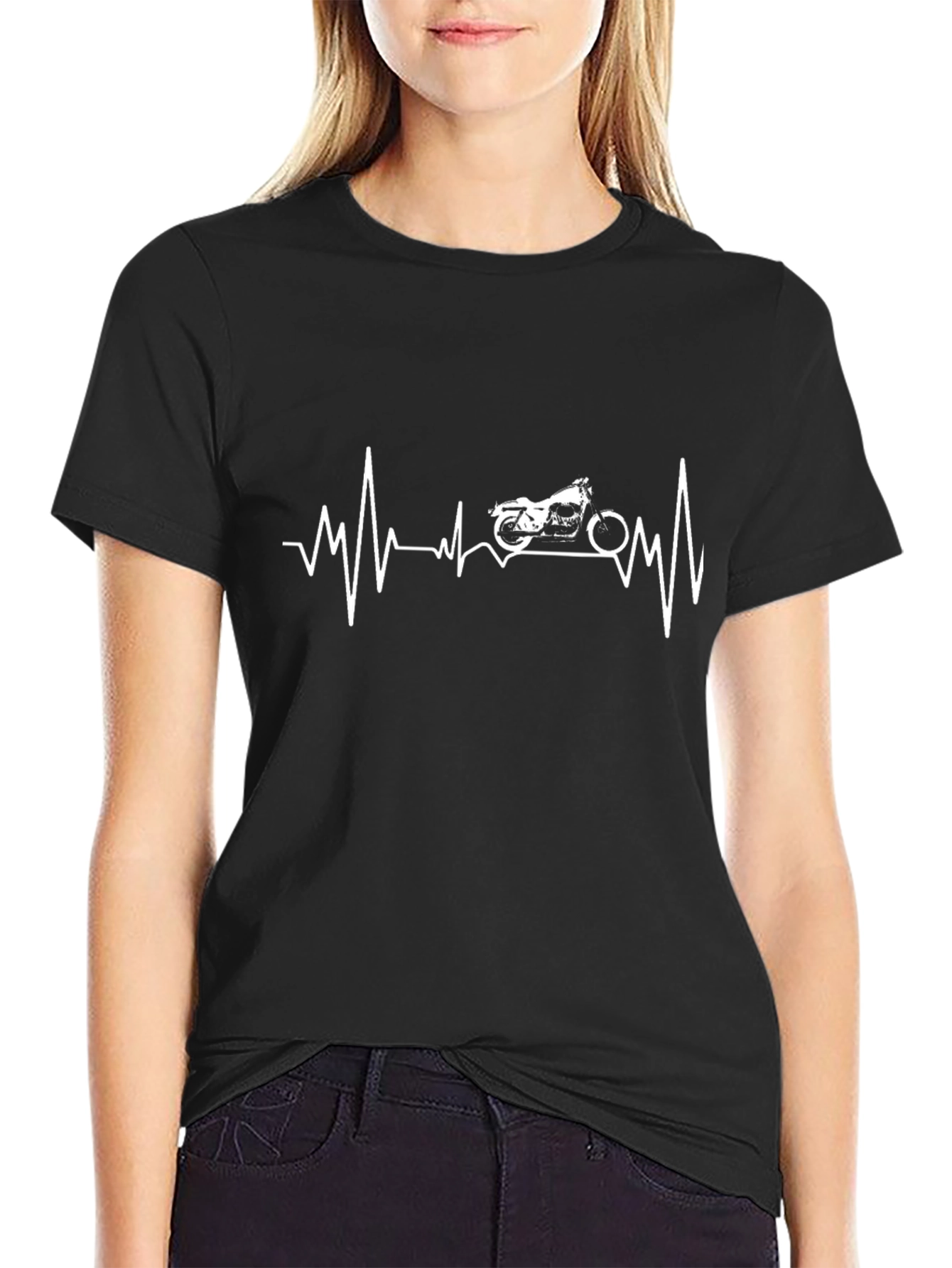 Motorcycle Heartbeat Graphic T-Shirt - Black