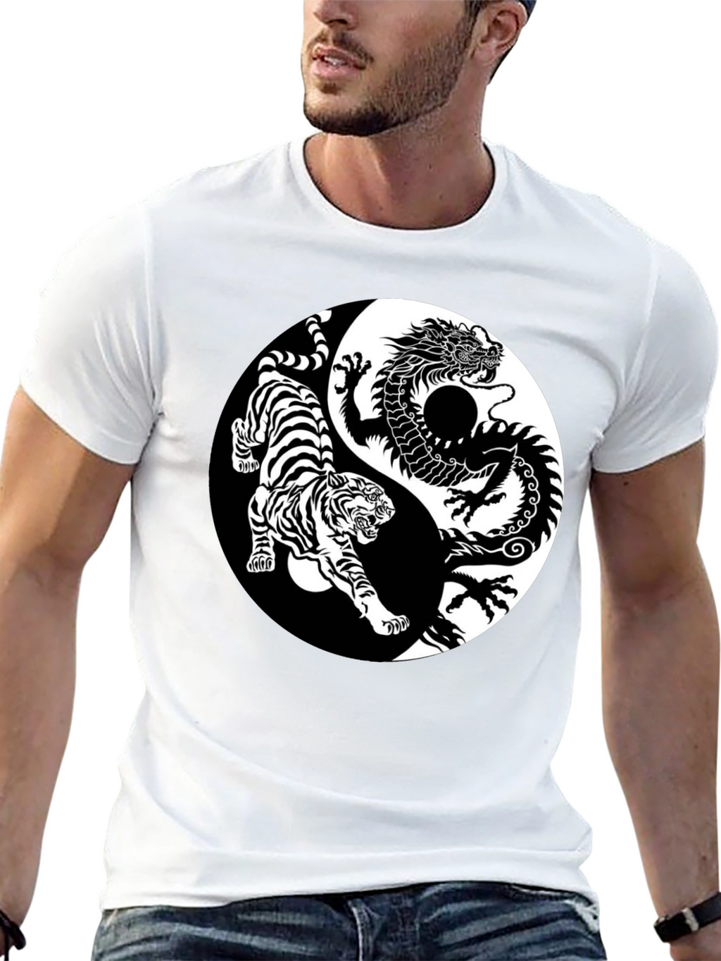 Yin Yang Dragon Tiger Graphic Tee - Black