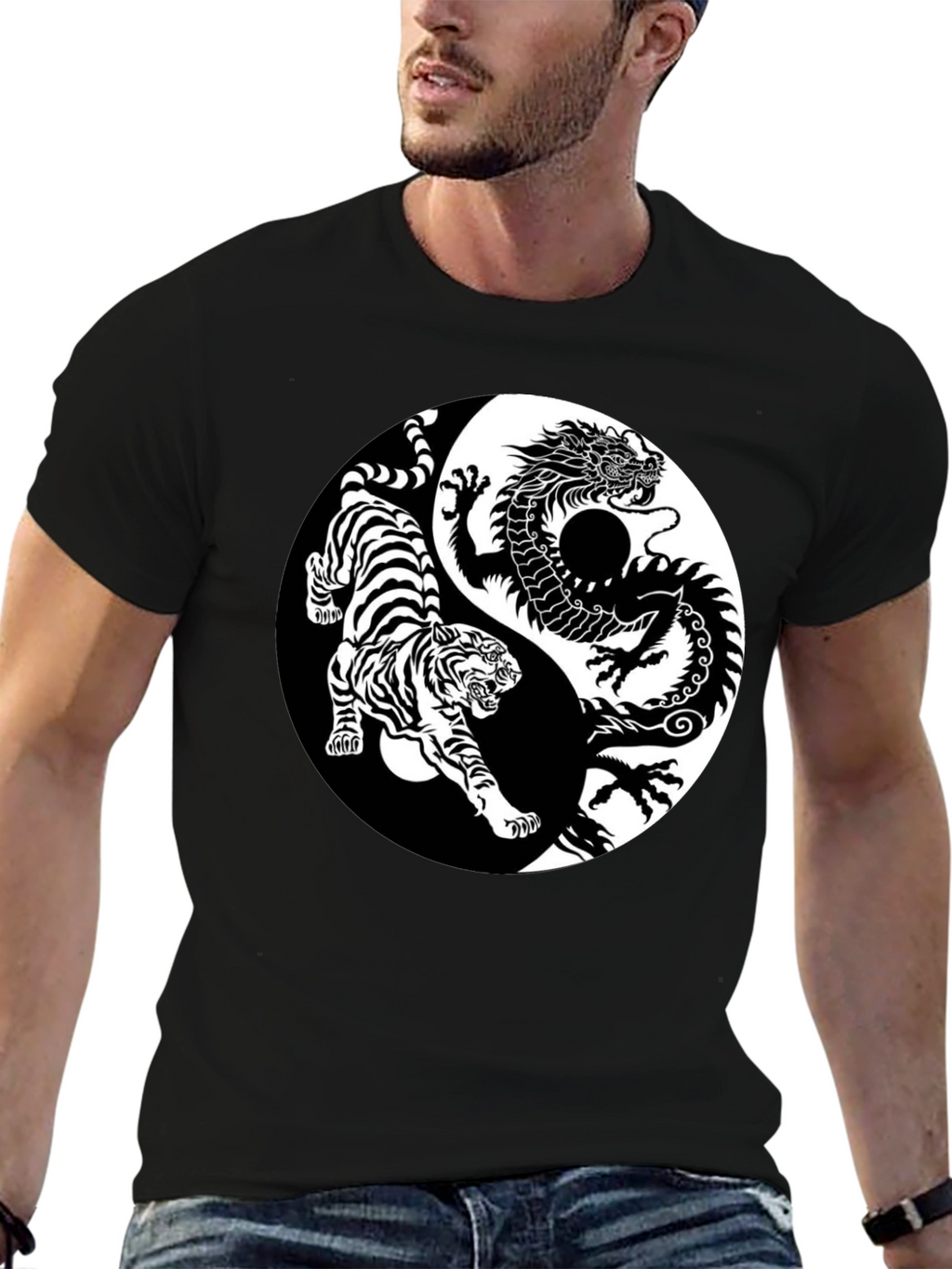 Yin Yang Dragon Tiger Graphic Tee - Black