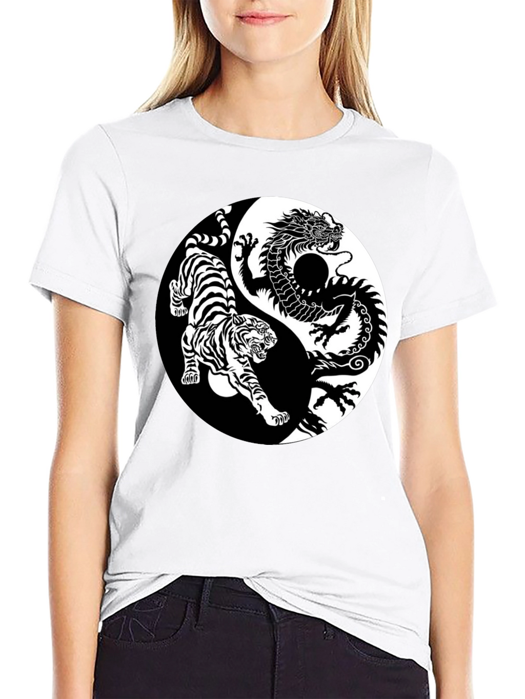 Yin Yang Dragon Tiger Graphic Tee - Black