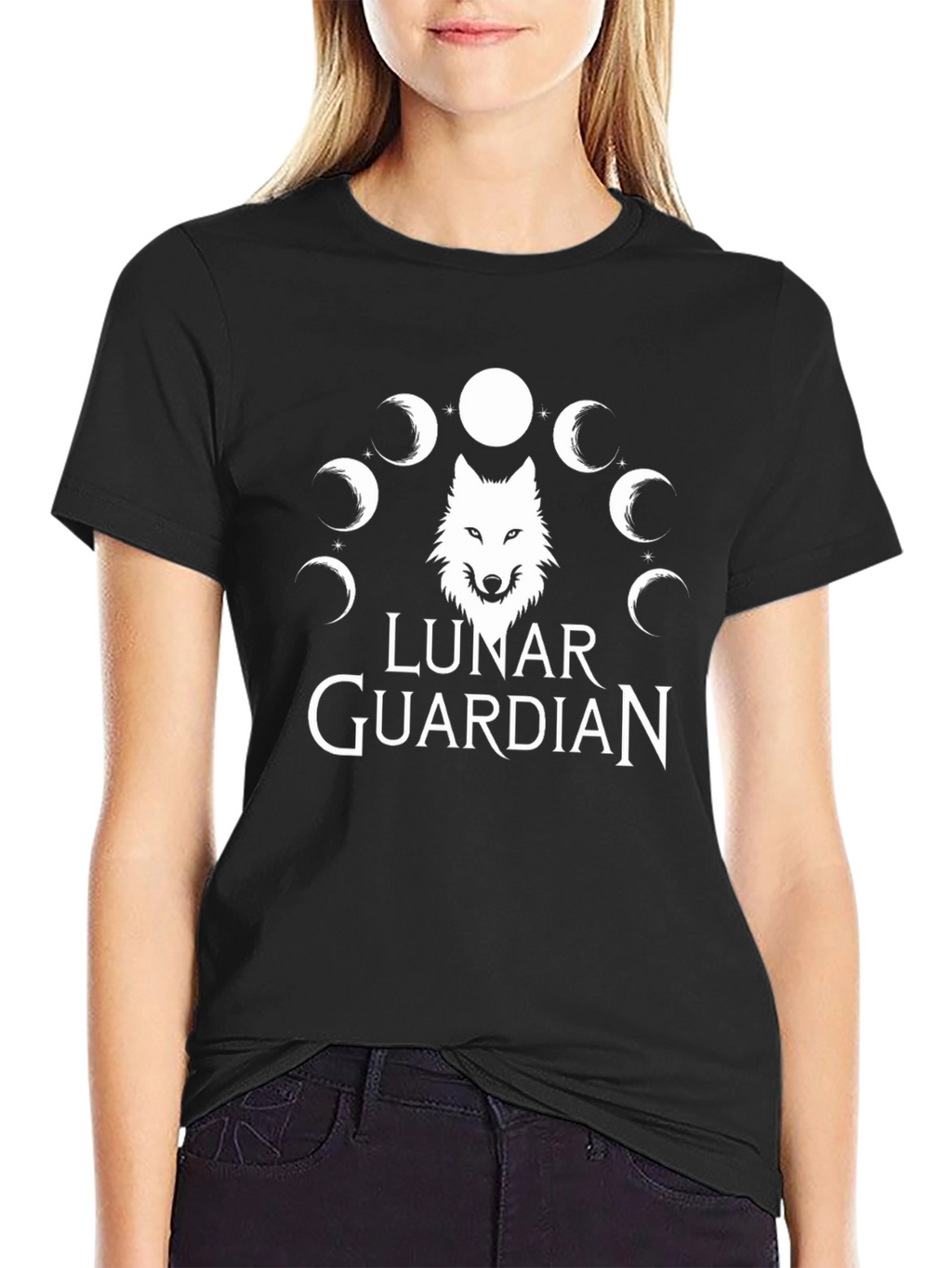 Lunar Guardian Wolf T-Shirt - Moon Phase Design