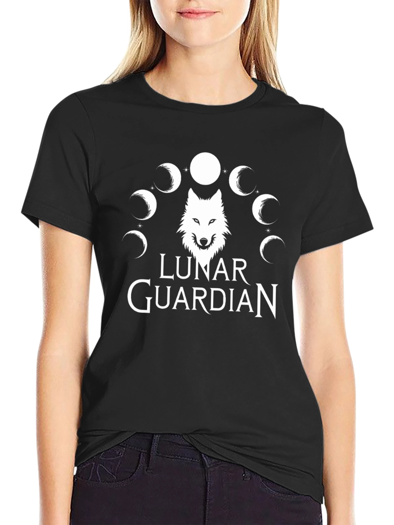 Lunar Guardian Wolf T-Shirt - Moon Phase Design