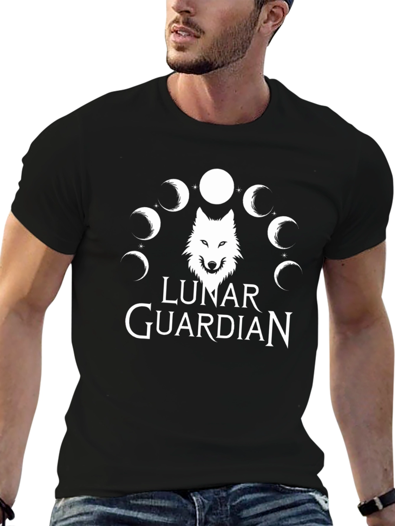 Lunar Guardian Wolf T-Shirt - Moon Phase Design
