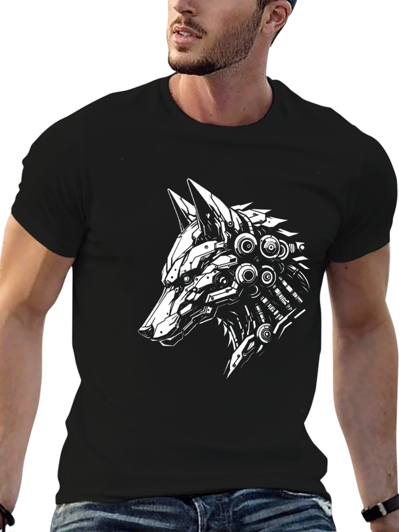 Cyberpunk Wolf Graphic Tee - Black Cotton T-Shirt