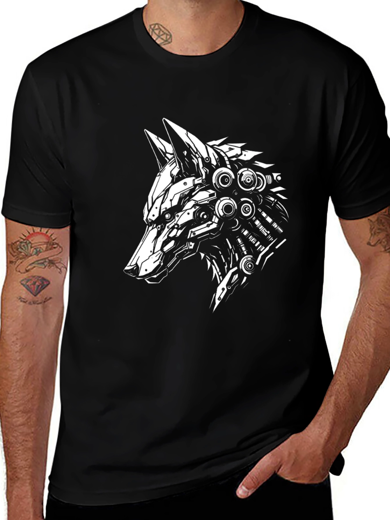 Cyberpunk Wolf Graphic Tee - Black Cotton T-Shirt