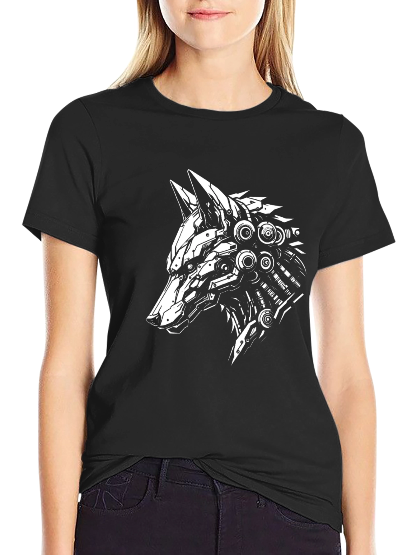 Cyberpunk Wolf Graphic Tee - Black Cotton T-Shirt