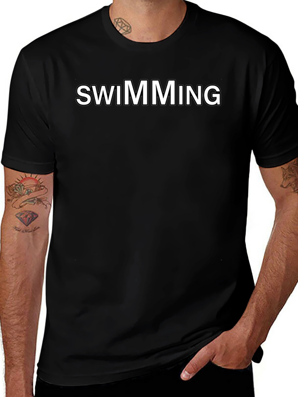 Swimming Graphic Tee - Black Cotton Blend Shirt