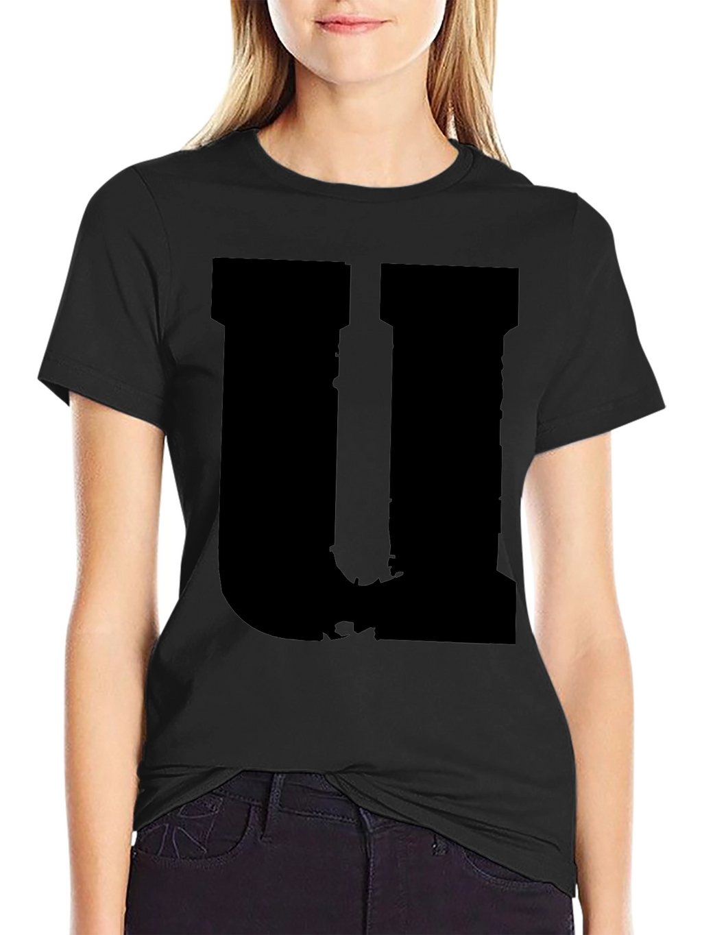 Mens Black Graphic Tee - Distressed Letter U Design