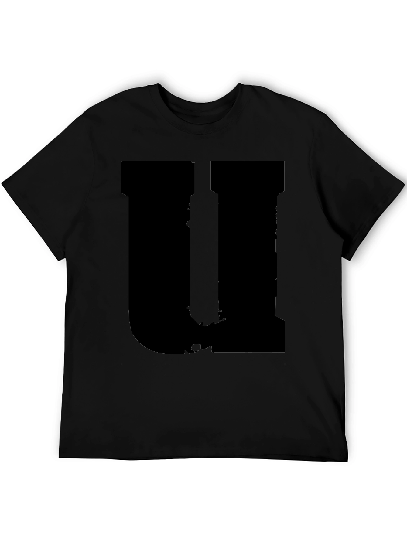 Mens Black Graphic Tee - Distressed Letter U Design