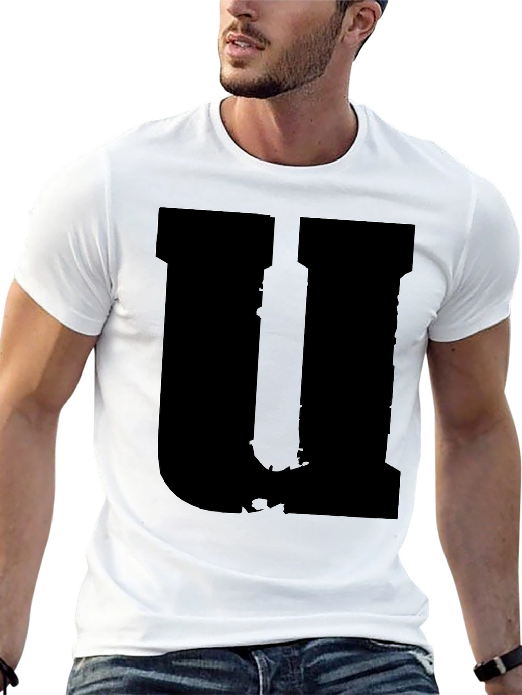 Mens Black Graphic Tee - Distressed Letter U Design