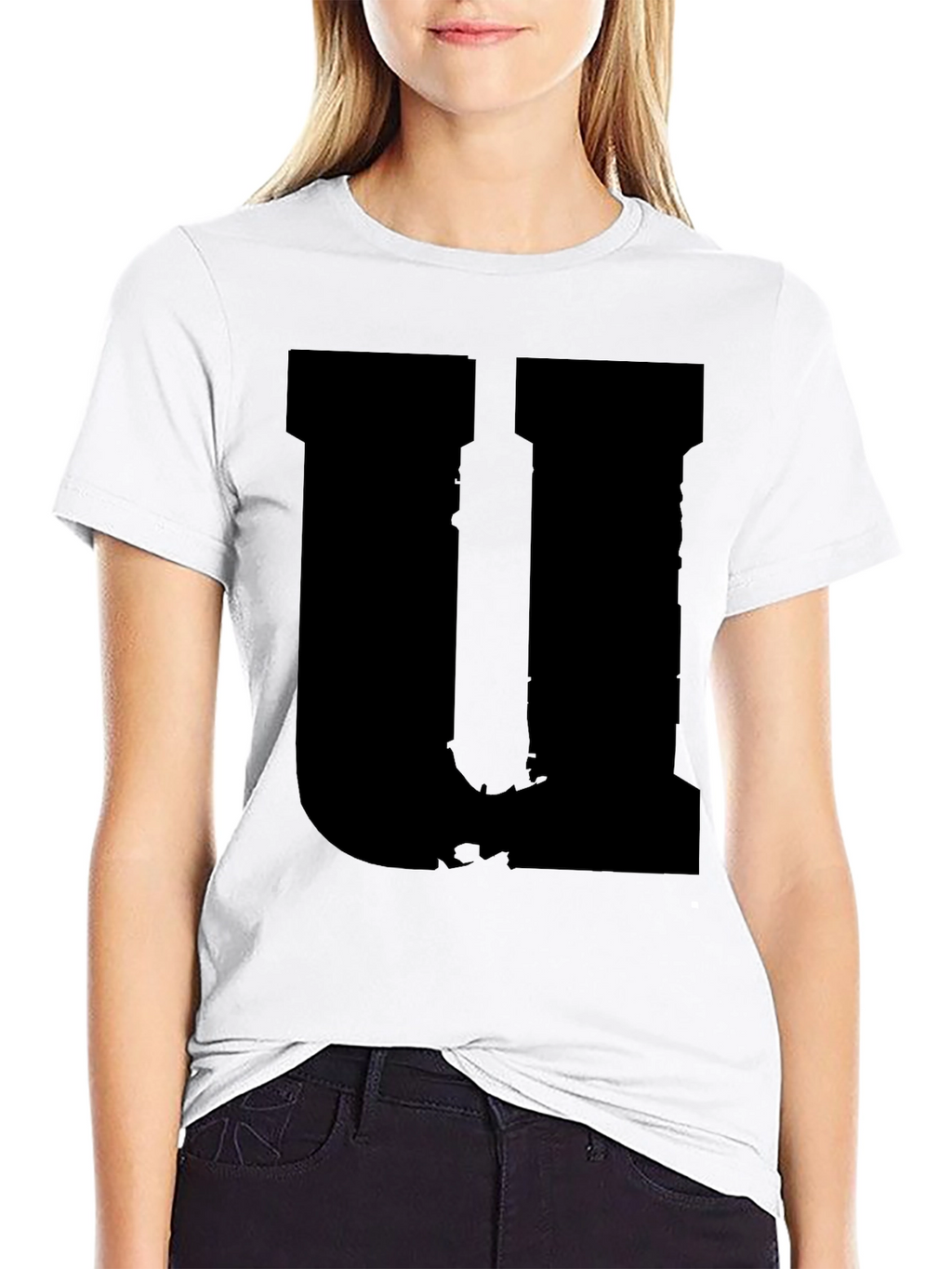 Mens Black Graphic Tee - Distressed Letter U Design