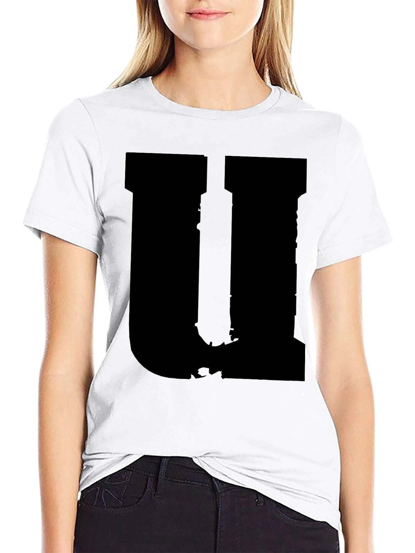 Mens Black Graphic Tee - Distressed Letter U Design