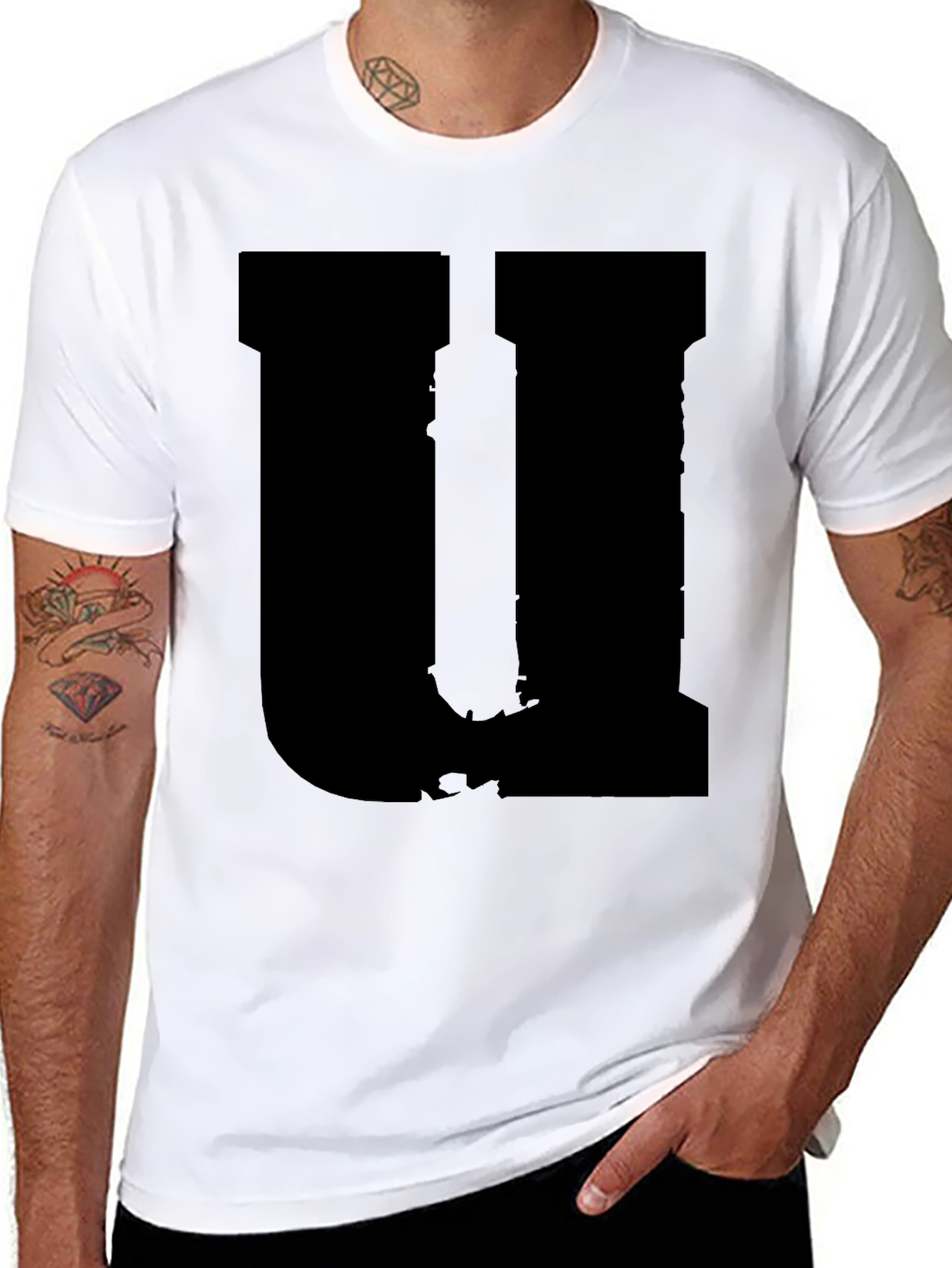Mens Black Graphic Tee - Distressed Letter U Design