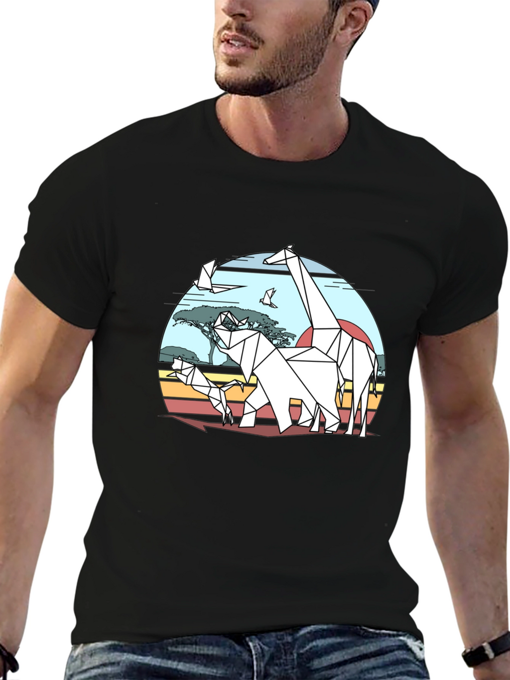 Geometric Origami Safari T-Shirt - Black