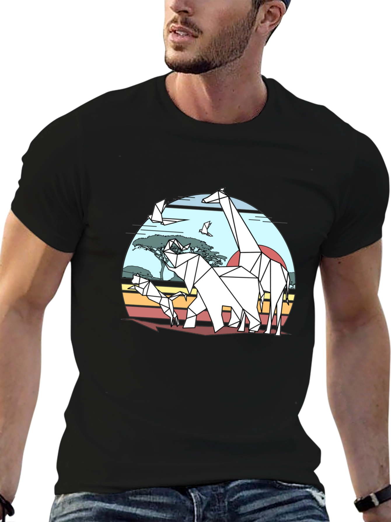 Geometric Origami Safari T-Shirt - Black