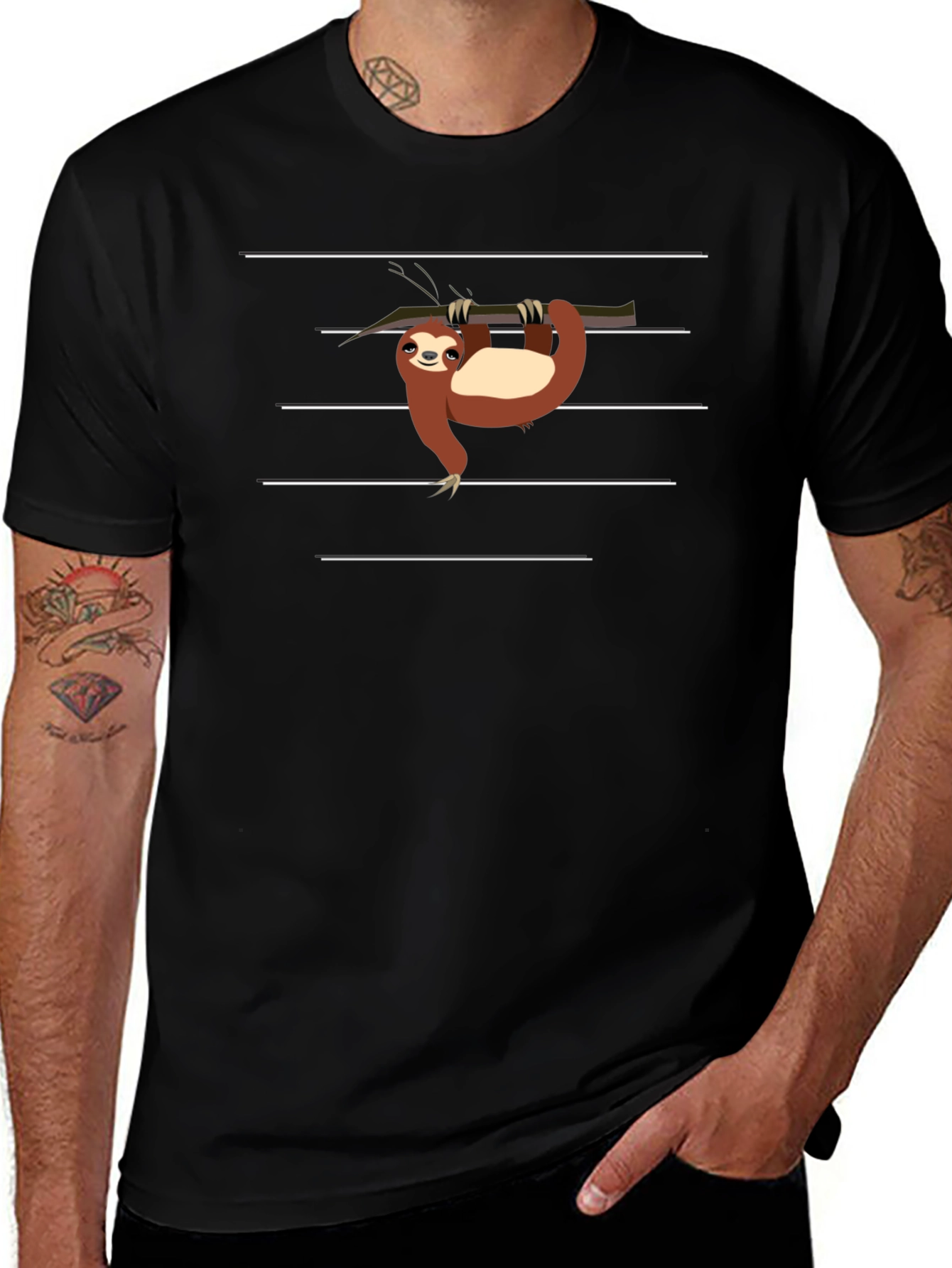 Sloth on Branch Graphic Tee - Black Casual T-Shirt