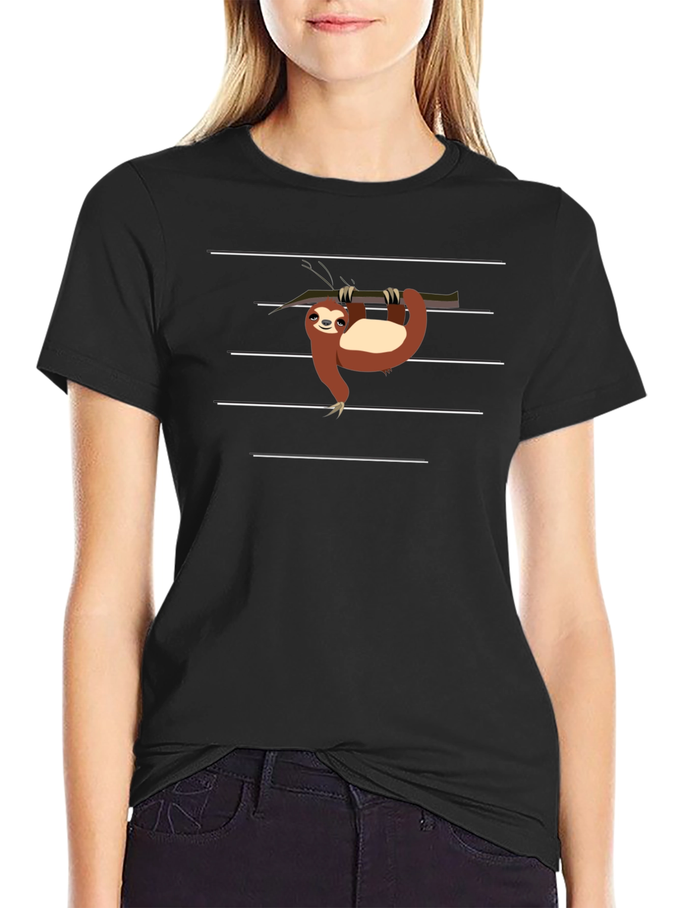 Sloth on Branch Graphic Tee - Black Casual T-Shirt